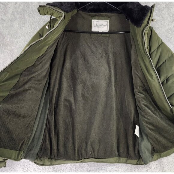 Snobbish Puffer Jacket Womens Large Olive Green Black Faux Fur Hooded Full Zip - Picture 3 of 16